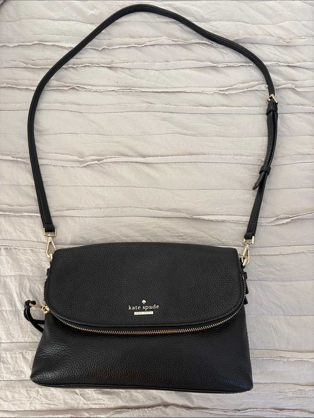 kate spade Black Pebbled Leather Flap Crossbody with Gold Hardware
